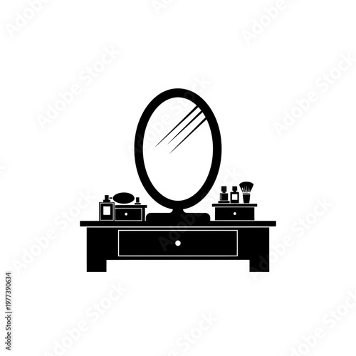 A minimalist black and white vector graphic illustration of a vanity with a mirror and makeup