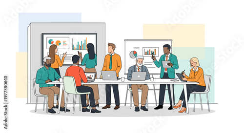 Diverse team collaborates in modern office meeting room, presenting financial charts and graphs on digital screens and laptops, fostering productive discussion and strategic