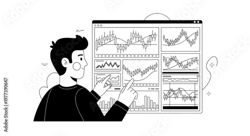 Man analyzing multiple financial stock market candlestick charts and bar graphs on a digital screen with clean lines and a minimalist black and white color palette, representing
