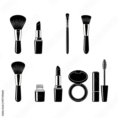 A set of black and white makeup icons including brushes and cosmetics