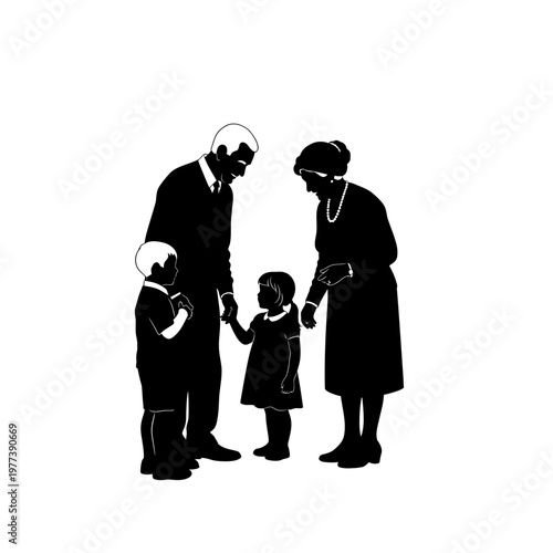 A black silhouette illustration of a family with parents and two children standing together
