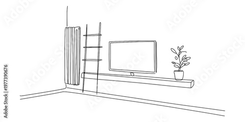 A minimalist line drawing showing a living room wall with a television and decorative elements Vector, illustration