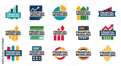 Collection of diverse financial modeling logos featuring bar charts, pie charts, calculators, and upward trending arrows in vibrant teal, navy, yellow, green, red, and orange