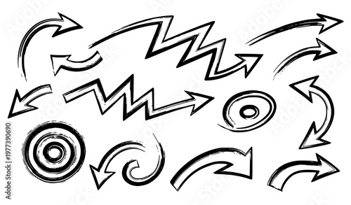 A set of hand-drawn arrows and swirls in black and white