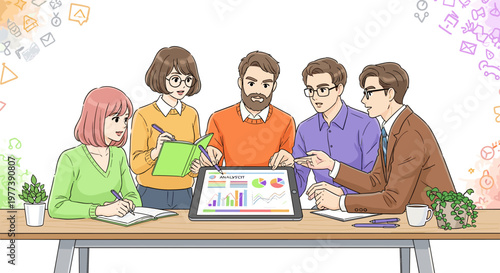 Diverse group of professionals collaborating around a tablet displaying financial charts and data, engaged in productive discussion with notebooks and pens, conveying teamwork and
