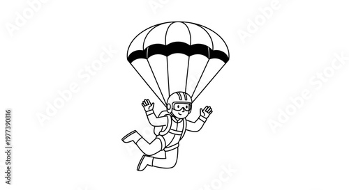 Joyful person wearing helmet and goggles, joyfully parachuting with open arms, descending from sky, enjoying extreme sport adventure, clear outline, simple shapes, scalable