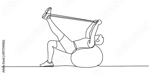 Continuous line drawing of a person doing a physical exercise with a resistance band and ball Vector, illustration