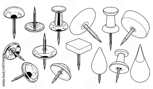 A set of various push pins and thumbtacks in a simple line drawing style
