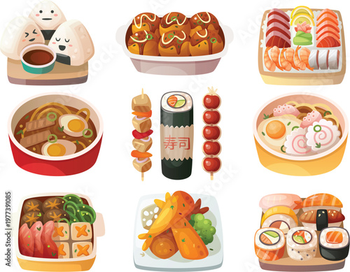Assortment of colorful Japanese food illustrations Keywords sushi, ramen, onigiri, takoyaki