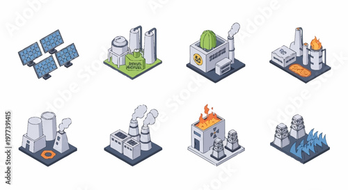 Collection of isometric industrial buildings and power generation facilities.