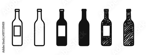 Glass bottle icons for wine or beverages in outline, silhouette, and sketch styles