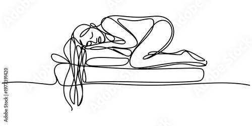 Continuous line drawing of a woman sleeping peacefully on a bed with long hair and calm posture Vector, illustration