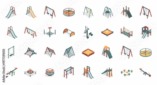 Collection of isometric playground equipment icons for outdoor recreation and children's entertainment.