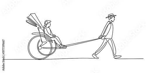 A single continuous line drawing of a person pulling a traditional rickshaw with a passenger. Vector, illustration