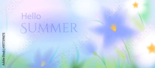 A summer poster with blue and white flowers and the caption "Hello, Summer" A close-up of a floral  of leaves and flowers with space for text.A soft,blurred gradient vector background with wildflowers