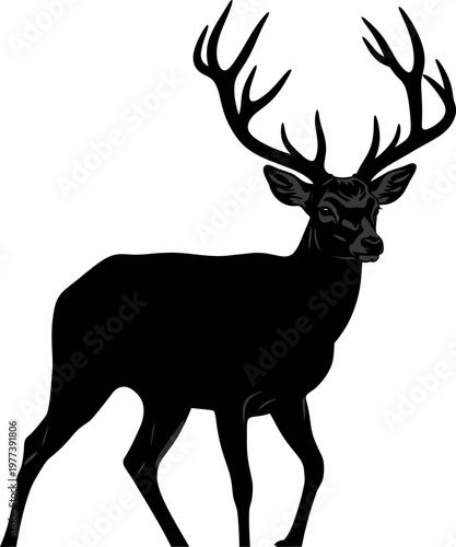 Black Deer Silhouette Stag Standing Side Profile.