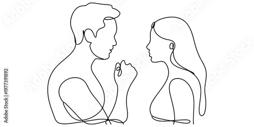 A minimalist single line drawing of a man and a woman facing each other in a gentle romantic pose Vector, illustration