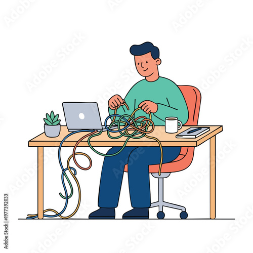 Man untangling messy computer cables at desk.