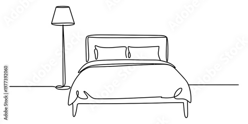 A continuous line drawing of a simple bedroom setup featuring a bed with a floor lamp standing by. Vector, illustration