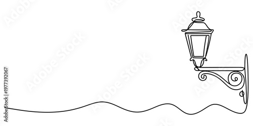 A single continuous line drawing of a vintage street lamp mounted on a wall with wavy base line Vector, illustration