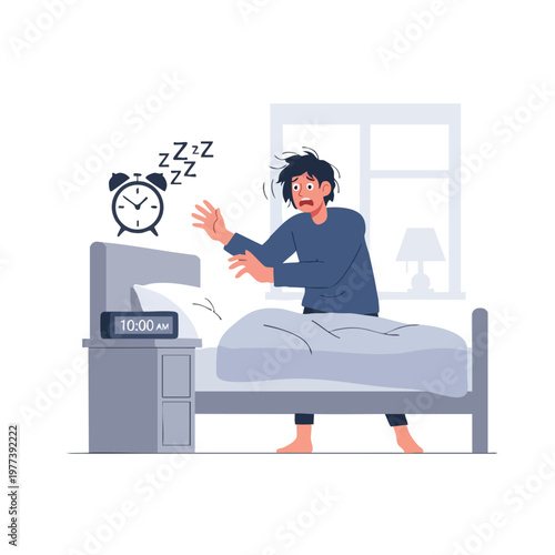 Man Wakes Up Startled by Alarm Clock Ringing Loudly.