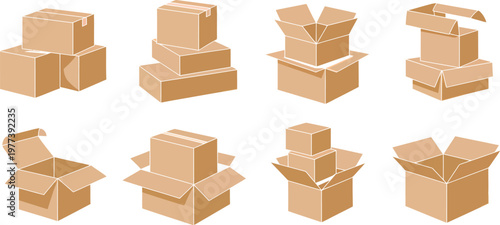 Collection of various cardboard boxes in different positions and states
