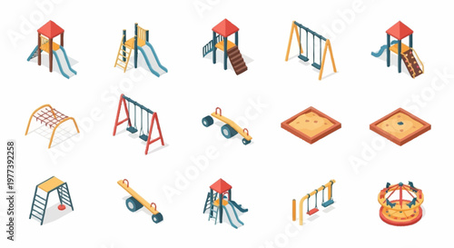 Collection of isometric playground equipment icons and illustrations on a white background.