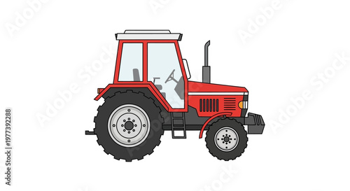 Red Tractor Illustration: Side View of Agricultural Vehicle with Wheels