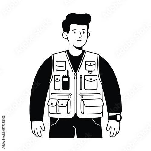 Man wearing a utility vest with pockets and radio.