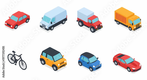 Collection of isometric vehicles including cars, vans, trucks, and a bicycle.
