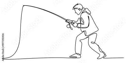 Continuous single line drawing of a man fishing with a rod while standing in a focused position. Vector, illustration