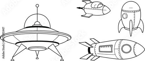 Hand Drawn Space Rocket and UFO Illustrations, spaceship, rocket, UFO, flying