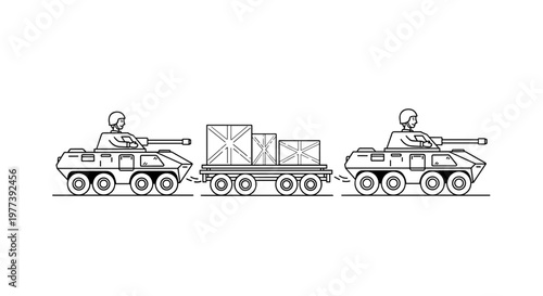 Military convoy featuring armored personnel carriers towing cargo trailers with stacked boxes, showcasing a clean line art design with a monochrome palette suitable for