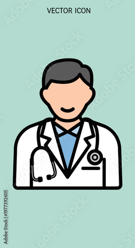A simple, clean vector icon of a male doctor wearing a white lab coat and a stethoscope around his neck, set against a light blue background.