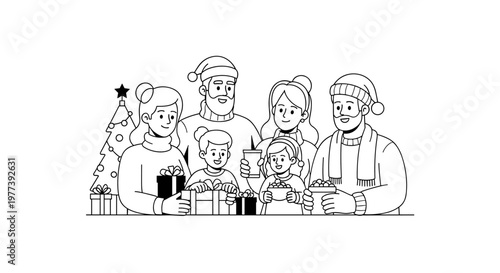 Joyful multi-generational family wearing festive winter attire, celebrating christmas together with decorated tree and abundant gifts, conveying warmth and togetherness in a