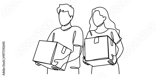 A continuous line drawing depicting a young couple happily holding cardboard delivery boxes today Vector, illustration