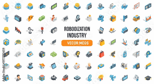Collection of Isometric Icons Representing the Robotization Industry and Technology Concepts.