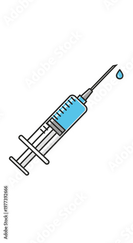 A medical syringe filled with blue liquid, with a drop of liquid about to fall from its needle.