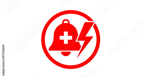 Red alert symbol with a bell and a lightning bolt inside a circle.