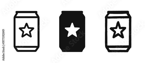 Aluminum Can Icon Set with Star Symbol - Outline, Solid, and Sketch