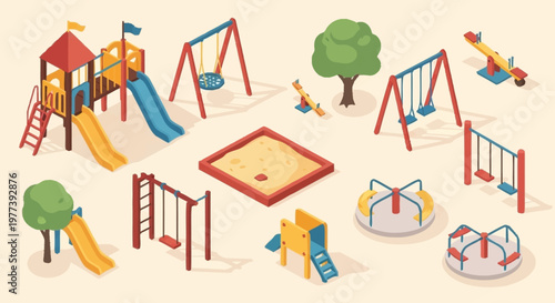 Collection of colorful playground equipment in isometric view, including swings, slides, sandboxes, and carousels, set against a neutral background.