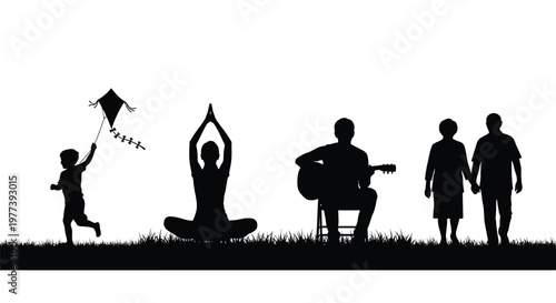 Family enjoying leisure activities together depicted in black silhouette