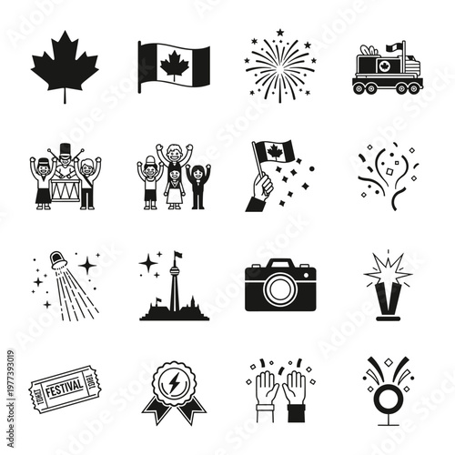 Canadian maple leaf symbol, national flag waving, celebratory fireworks, parade truck carrying gifts, marching band with drums, cheering crowds, hand holding flag with confetti,