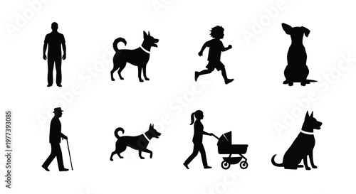 People and dogs walking running and with strollers a silhouette