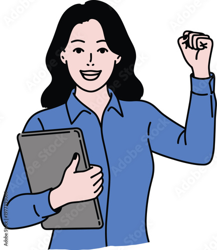 Woman in blue shirt celebrating with tablet success