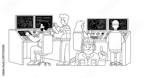 Diverse team of professionals collaborating within a modern control room environment, monitoring complex data displays on multiple screens, utilizing advanced technology for