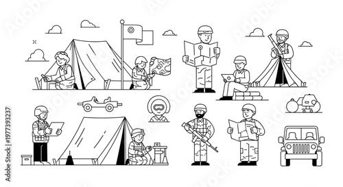 Diverse military personnel engaged in various operational tasks including map reading, using technology, and maintaining equipment within a camp setting, depicted with clean lines