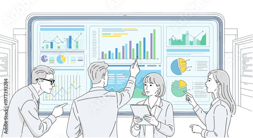 Diverse professionals collaborate around a large digital screen displaying various financial charts, bar graphs, and pie diagrams, projecting growth and analysis within a modern