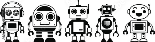 Collection of Five Cartoon Robots, robot, android, cyborg, mechanical, artificial