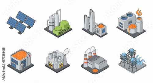 Set of isometric industrial factory buildings and energy production facilities.
